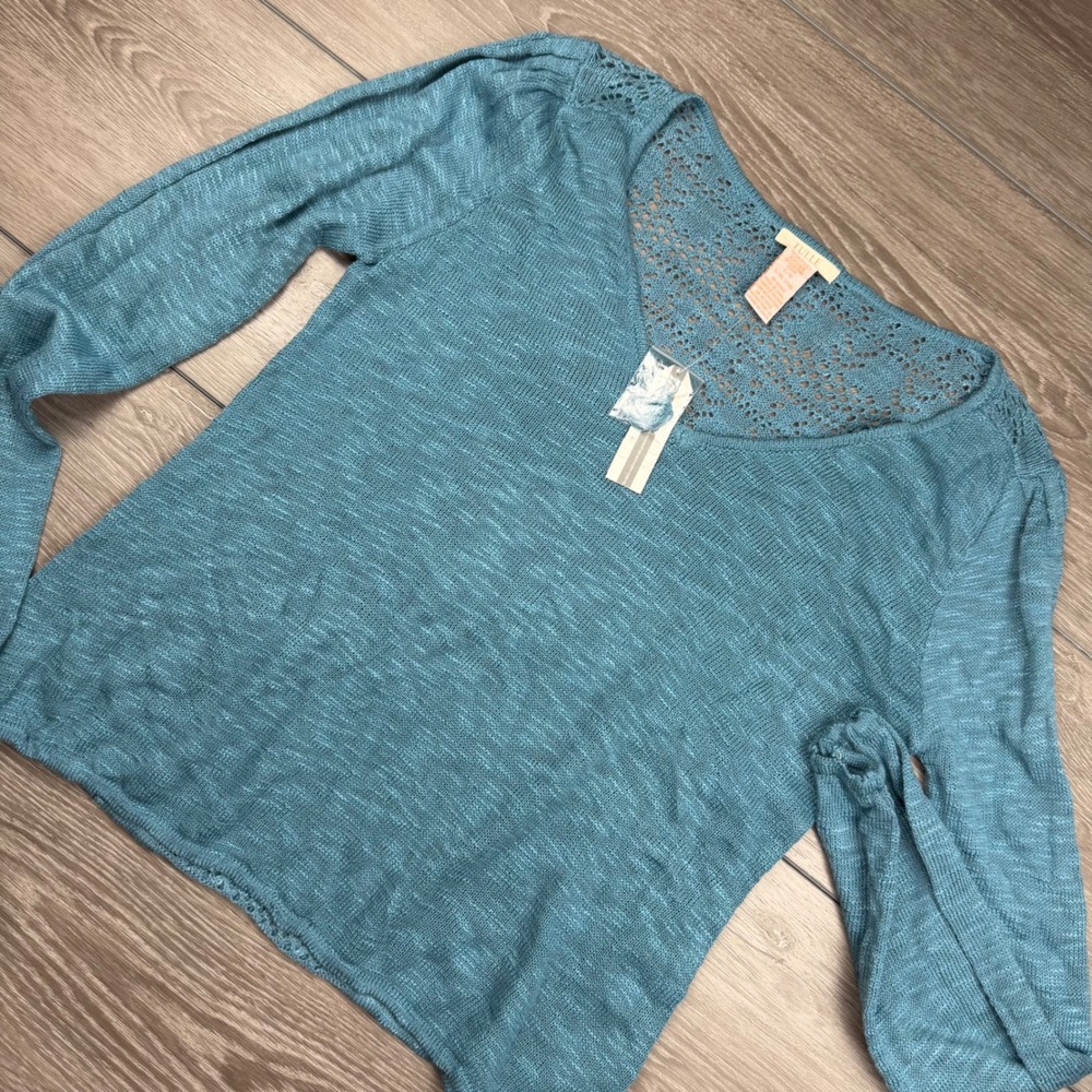 Tulle Womens Sweater Pointelle Knit V-Neck Long Sleeve Blue Large New